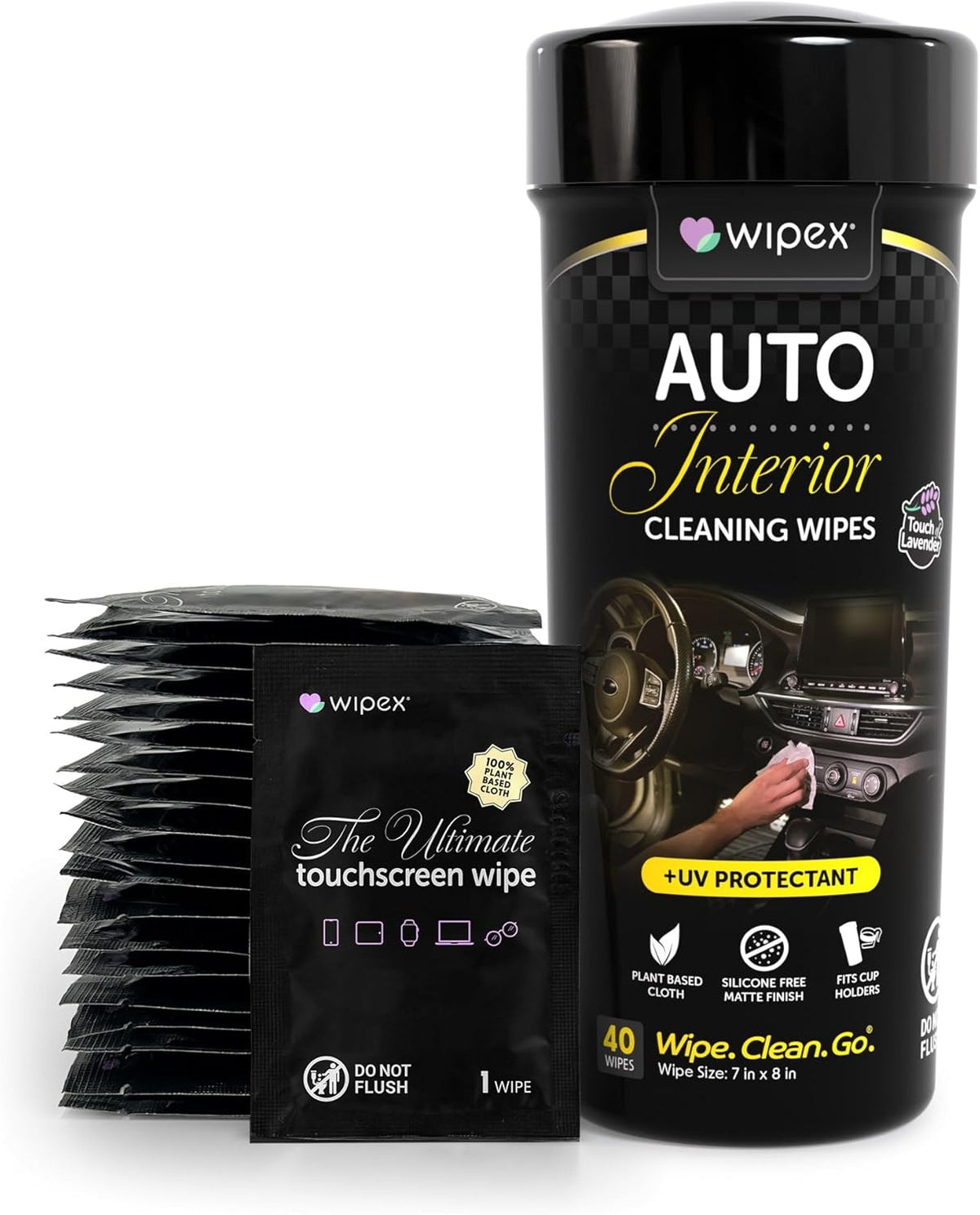 Wipex Auto Interior Car Cleaning Wipes - Plant Based Car Wipes - Lavender Essence, Safe for Vinyl, Rubber, Plastic, Leather, Chrome, Non-Greasy Matte Finish, UV Protectant, 40Ct Car Detailing Supplies