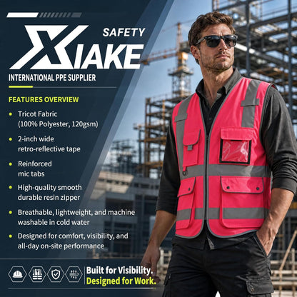 XIAKE Reflective Safety Vest for Men & Women High Visibility Class 2 Vest with Pockets Meets ANSI Standards
