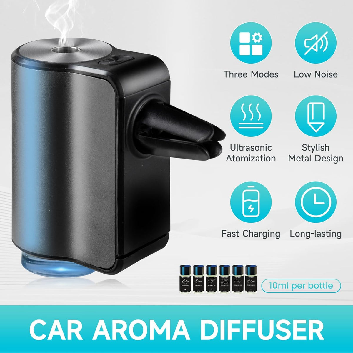 Featwell Car Air Freshener, Three Adjustable Modes Intelligent Car Aroma Diffuser, Rechargeable Car Aroma Diffuser, Black