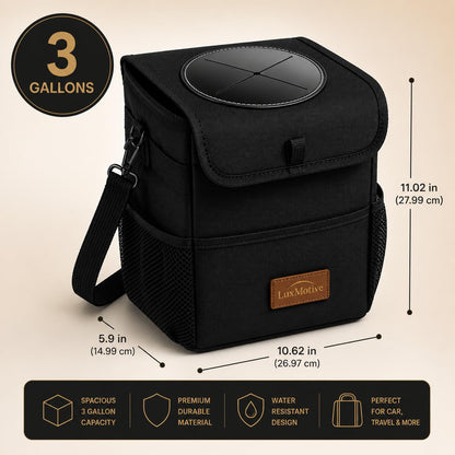 LuxMotive Car Trash Can – 3 Gallon Leakproof Waterproof Auto Trash Bin, Hanging Car Garbage Container with Lid & Storage Pockets, Foldable Car Organizer for Vehicle Interior (Black)