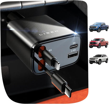 LISEN Retractable Car Charger, 84W Car Charger USB C Fast Charger, Cigarette Lighter USB Charger Adapter, Car Accessories Birthday Gifts for Men Women Dad Mom Husband, for iPhone 17 16 15 14 13 12 11