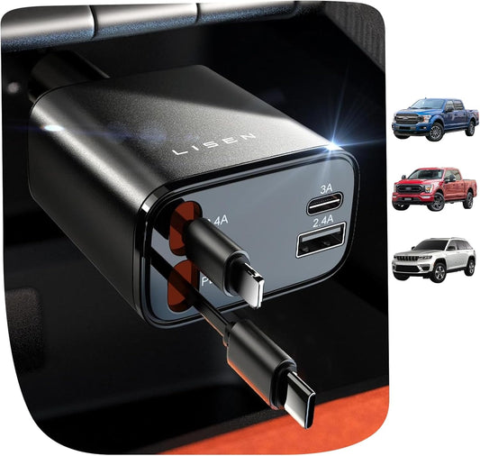 LISEN Retractable Car Charger, 84W Car Charger USB C Fast Charger, Cigarette Lighter USB Charger Adapter, Car Accessories Birthday Gifts for Men Women Dad Mom Husband, for iPhone 17 16 15 14 13 12 11