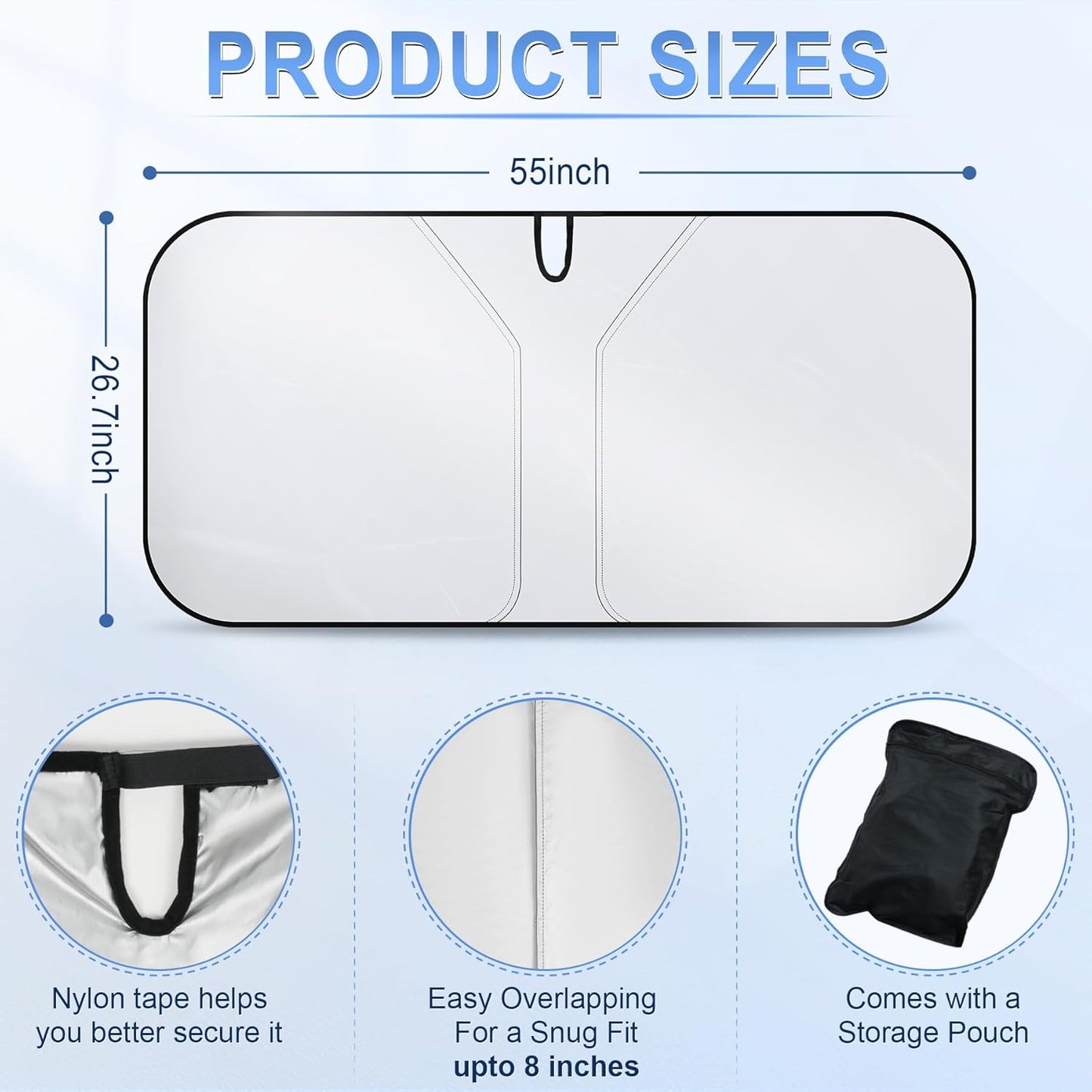 SINGARO 300T Universal Car Windshield Sun Shade, Foldable Reflective for Windshield & Window Shades with Overlapping Design, Car Interior Accessories (55" L x 26.7" W)