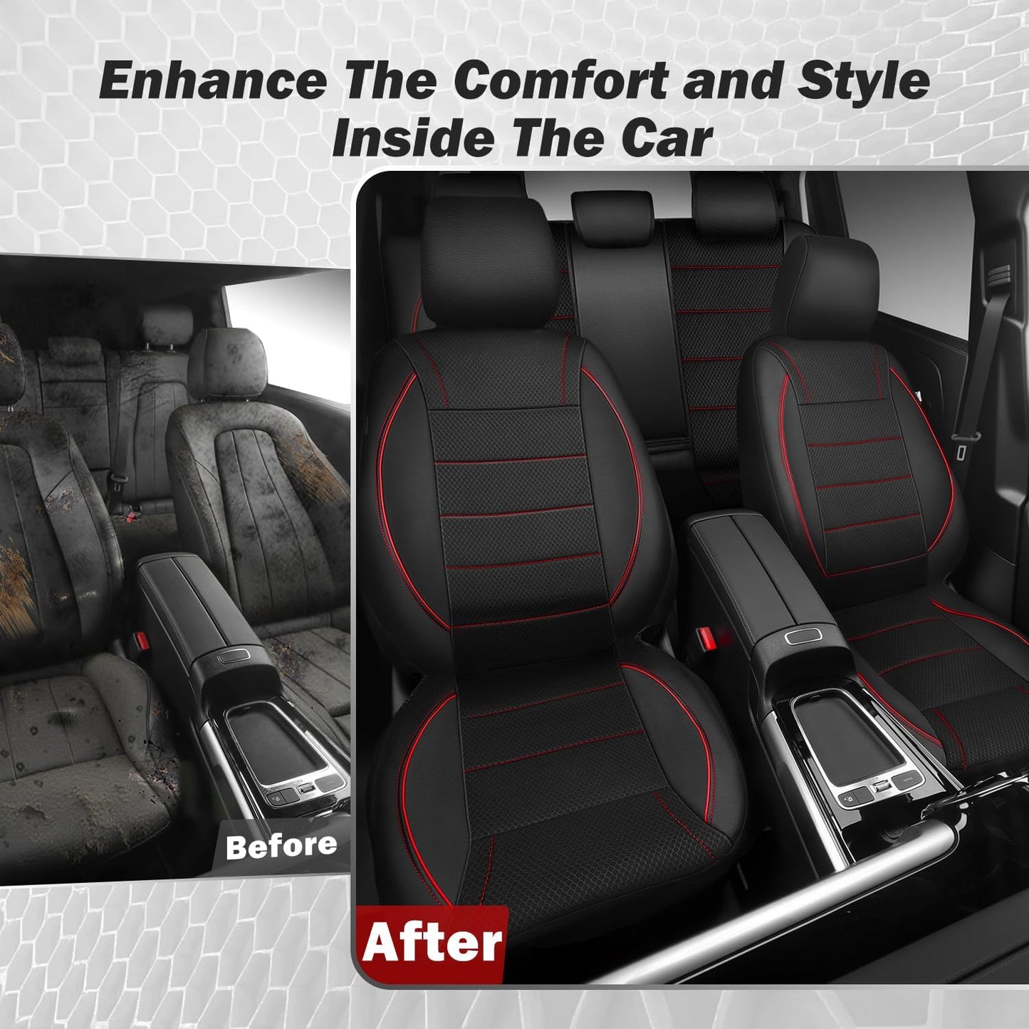 CAR PASS Universal FIT Piping Leather Two Front Seat Covers, Waterproof Faux Leather for SUV Sedan Van Truck, Airbag Compatible,Reserved Opening Holes for Headrest Covers. (Black red)