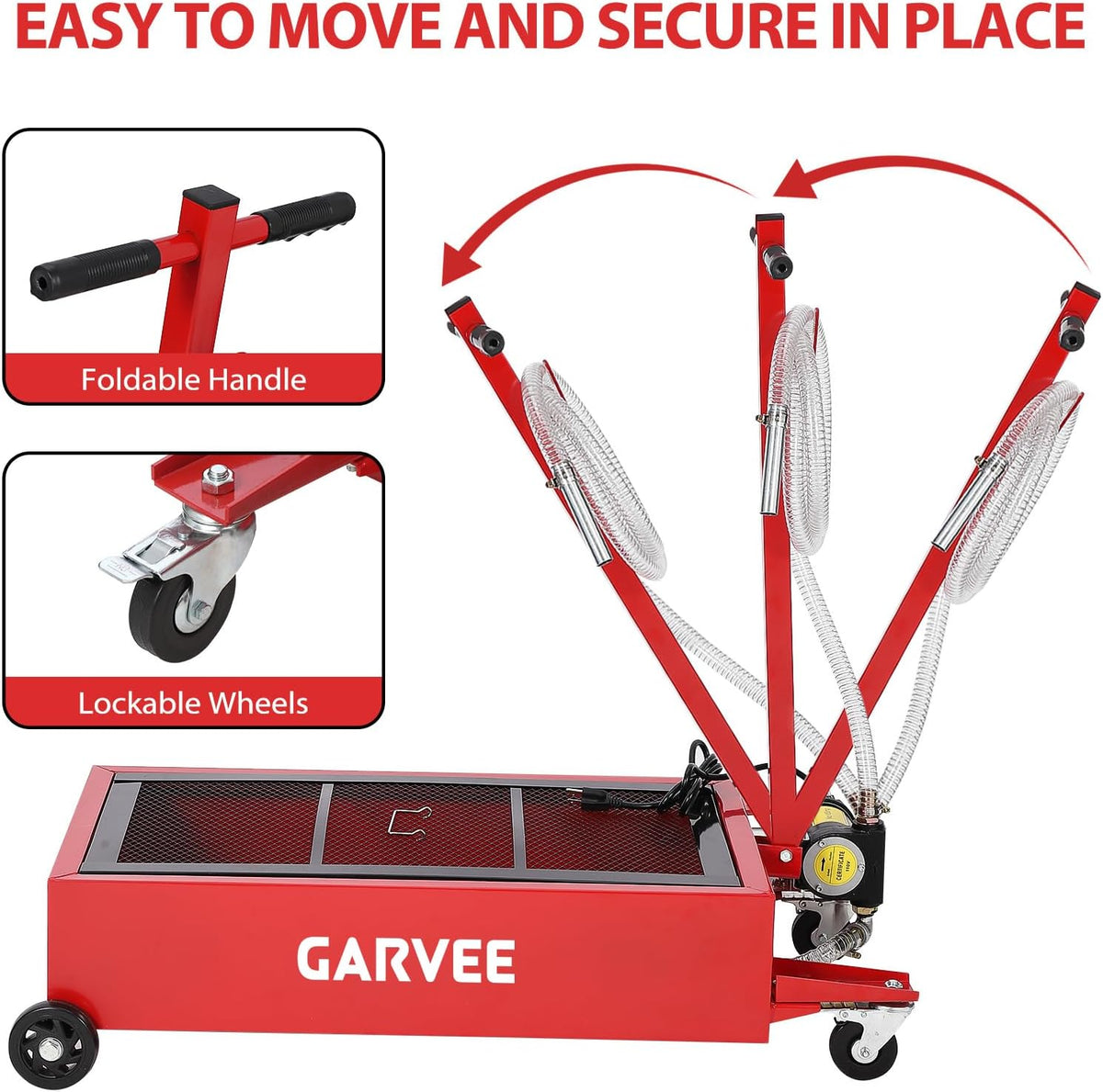 Garvee 20 gal Oil Drain Pan Oil Drain Tank, 76 L Low Profile Oil Drain Pan, Large Capacity Oil Change Pan with Manual Pump & T Foldable Hand and Wheels, 8 ft Hose Oil Drain Cart for Car, SUV, Trucks