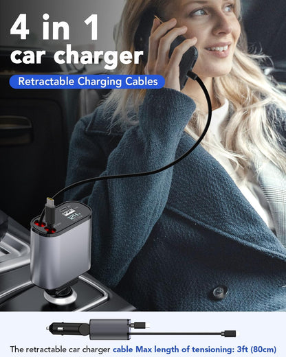 Retractable Car Charger,Car Phone Charger USB C Fast Charge,Cigarette Lighter USB Charger Car Accessories for Women,Road Trip Essentials Gift for Men,Car Charger for iPhone 17/16/15,Galaxy S26,Pixel