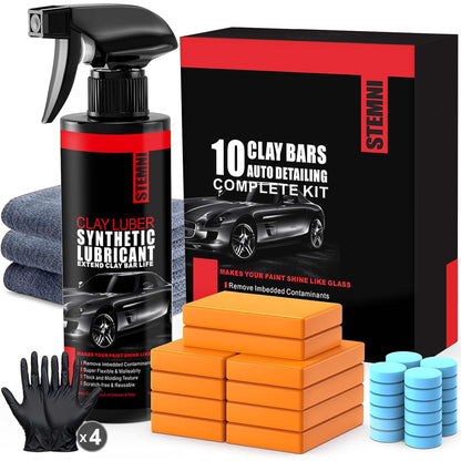 10 Pack Premium Clay Bar Kit - 16oz Synthetic Lubricant, Towels & Gloves - Car Detailing Kit for Cars, SUVs, RVs & Trucks - Removes Contaminants for Glass-Like Shine