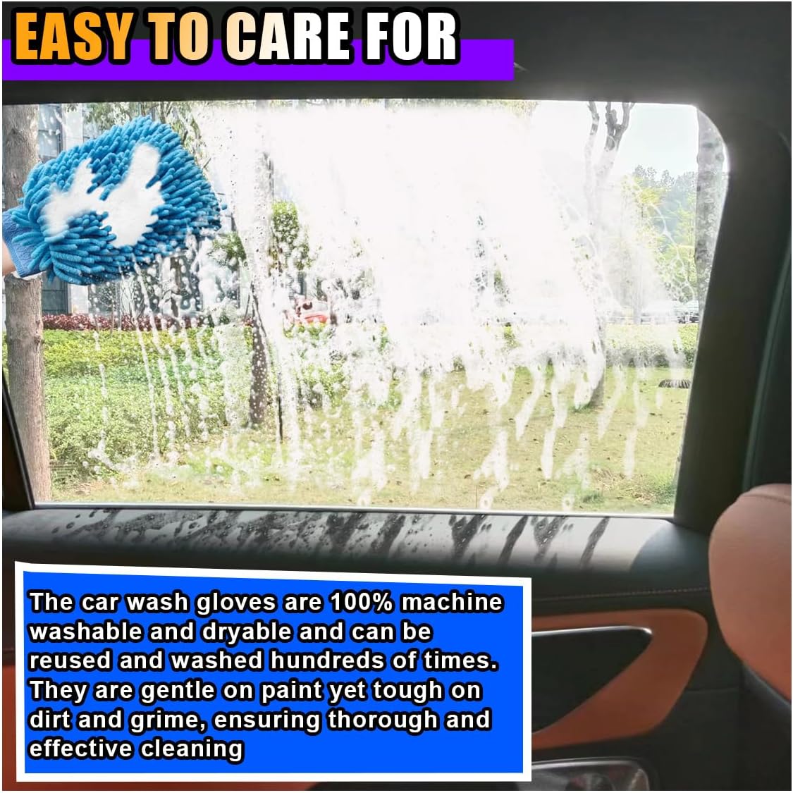 JOYCOURT 2PCS Microfiber Soft Chenille Car Wash Mitts, Scratch and Lint Free Car Dusting Glove, Double Sided Wash Mitt, Ultra Absorbent for Car Washing, Home Cleaning Mitt (Blue&Yellow)