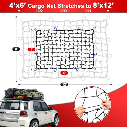 Cargo Net 4' x6' Stretches to 8' x 12' Truck Cargo Net for Pickup Truck Bed- Small 4"x4" Mesh Grid Super Duty Bungee Heavy Duty Bed Netting with 12 Adjustable Metal Carabiners by Cenipar