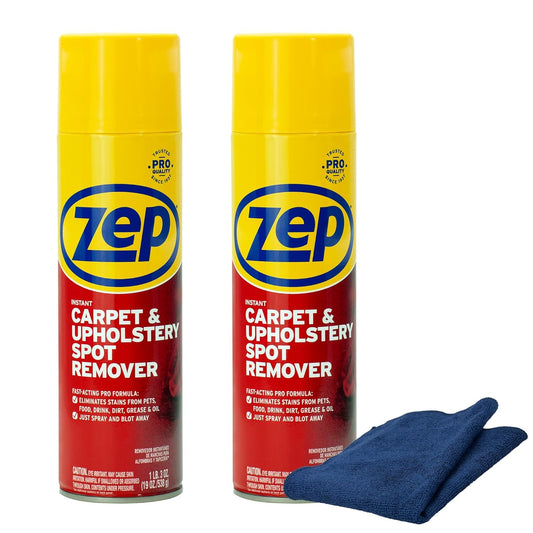 Zep Instant Carpet & Upholstery Spot Remover 19 oz (2 Units) and a Blue Microfiber Rag ECBD027-2-Pack Powerful Stain Remover for Carpet, Rugs, and Upholstery Paired with a Reusable Cloth
