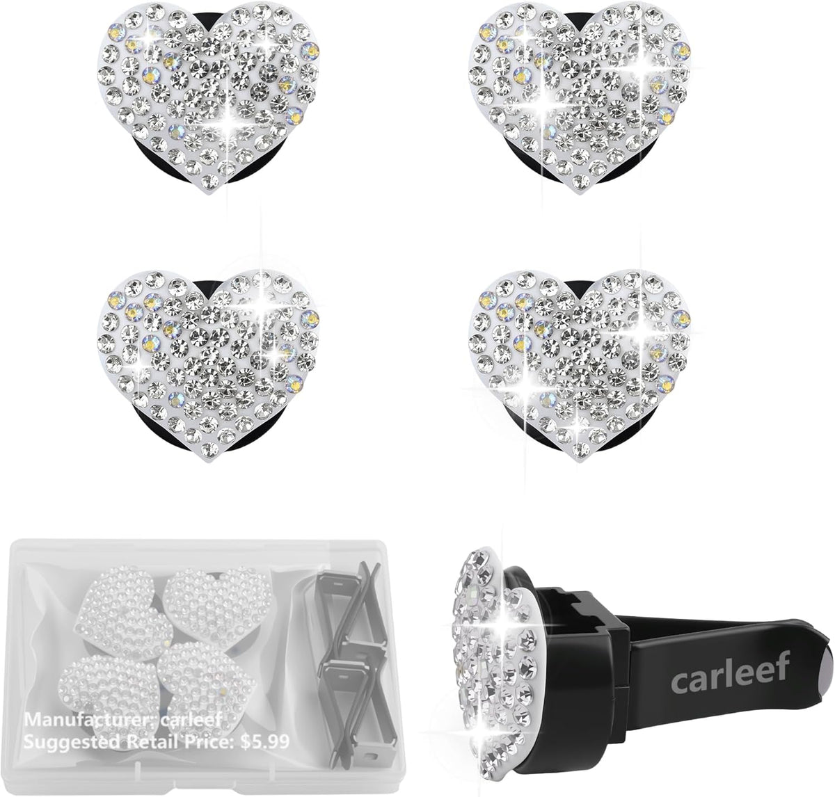 4PCS Heart-Shaped Car Vent Clips with Rhinestone,Bling Air Vent Clips Car Decorations,Premium Shiny Car Clips for Vents CCar Accessories Interior for Cars,Trucks,SUVs (Pink)