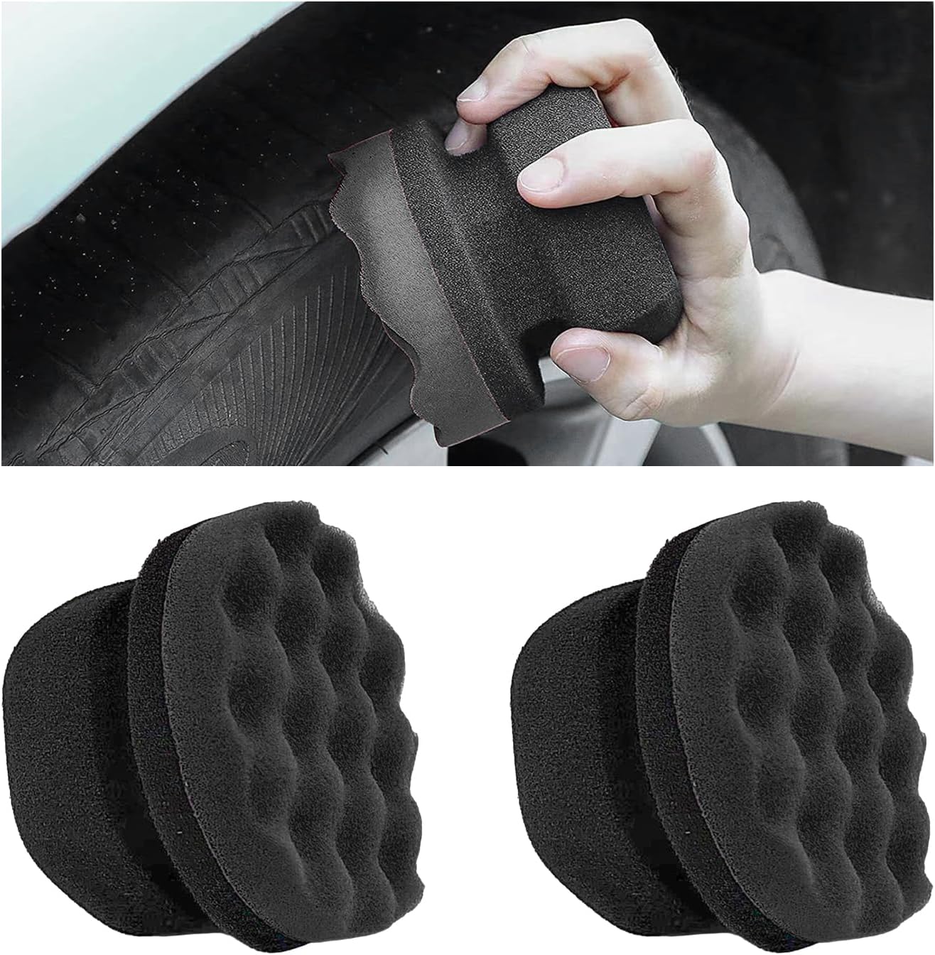 KVAEY 2 PCS Tire Dressing Applicator Pads, Reusable Hex Grip Tire Shine Applicator Polishing Sponge Pads, Wheel Tire Shine Detailing Foam for Most Vehicles, Car Accessories (Black, 3.15")