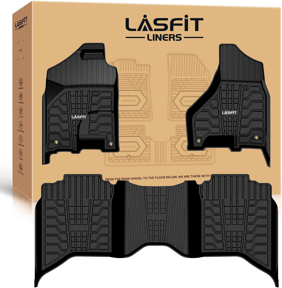 LASFIT Floor Mats for 2019-2025 2026 Ram 2500/3500 Crew Cab Bucket Seat for Carpet & Vinyl Floor (NOT fit Model with PTO Kit), All Weather TPE Custom Fit Car Mats Floor Liners 1st & 2nd Row, Black
