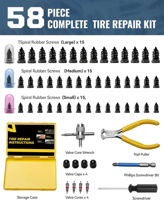 AUTOWN Tire Repair Kit with Tire Plugs Screw Type, Heavy Duty Flat Tire Puncture Repair Nail Kit for Car, Truck, Motorcycle, SUV, ATV, Tractor