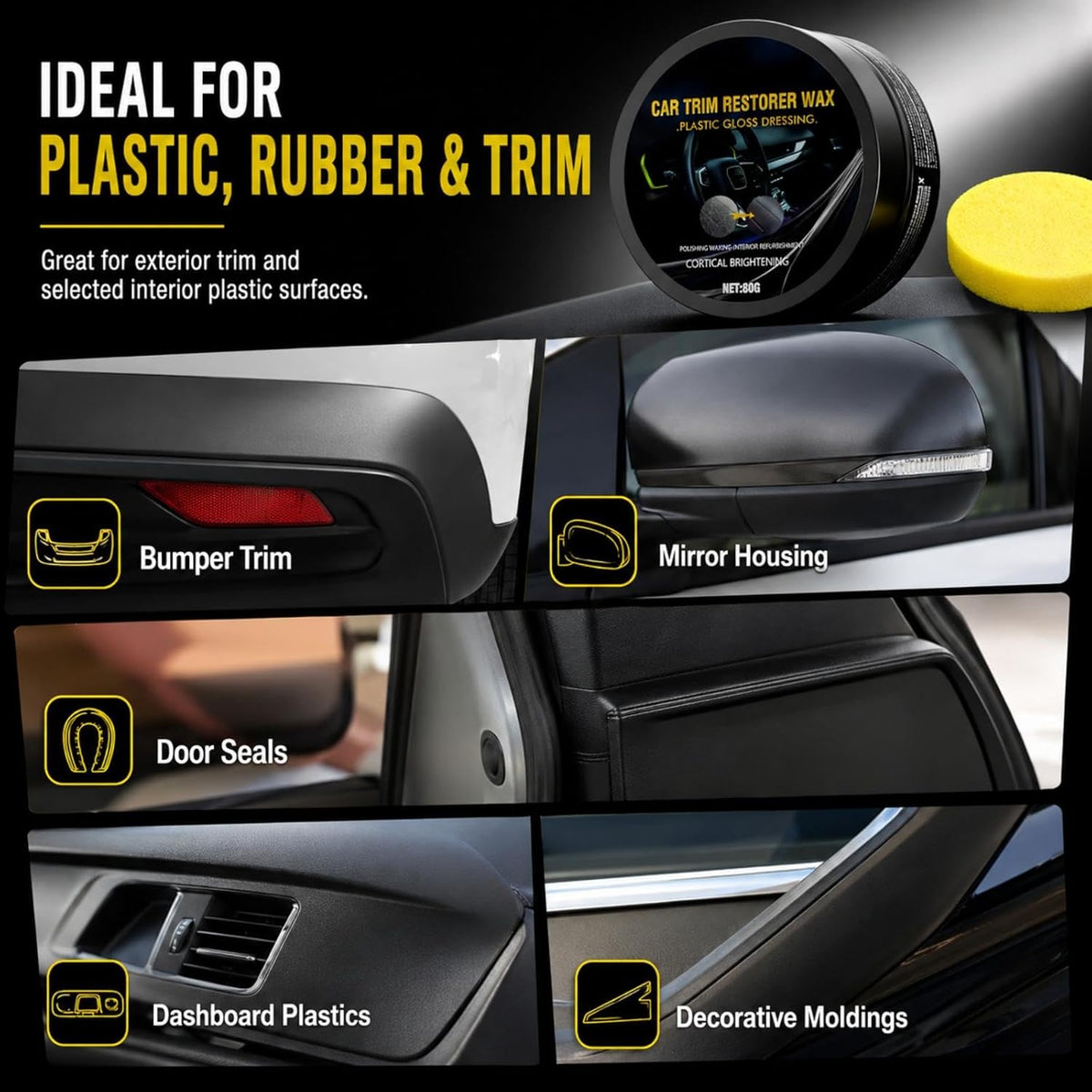 Plastic Restorer for Cars, Ceramic Coating Black Trim Restorer, Back to Black Plastic Polish for Interior Exterior Trim, Dashboard Cleaner with UV Protection, 80g with Sponge
