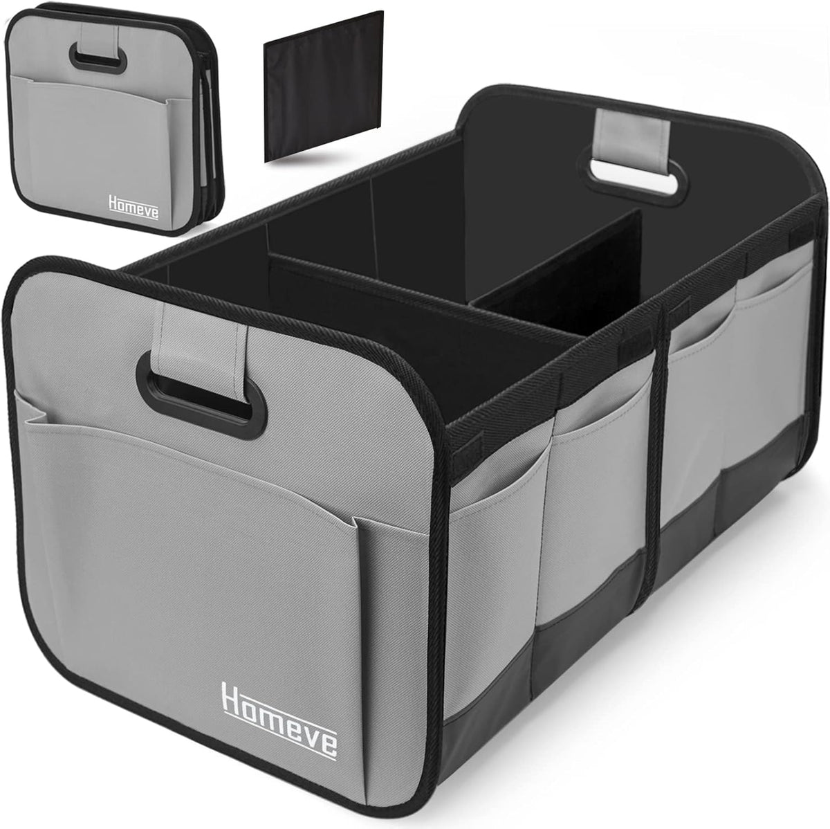 Homeve Car Trunk Organizer for SUV, 18.5Gal Large Capacity No-Sag Heavy Duty, Foldable Waterproof Anti-Slip Storage with 12 Pockets, Fit Sedan,Truck, Universal Car Accessories, Black, Large, 2 Compart