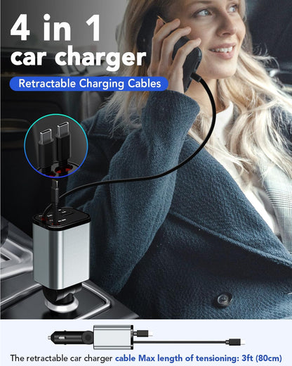 Retractable Car Charger,Car Phone Charger USB C Fast Charge,Cigarette Lighter USB Charger Car Accessories for Women,Road Trip Essentials Gift for Men,Car Charger for iPhone 17/16/15,Galaxy S26,Pixel