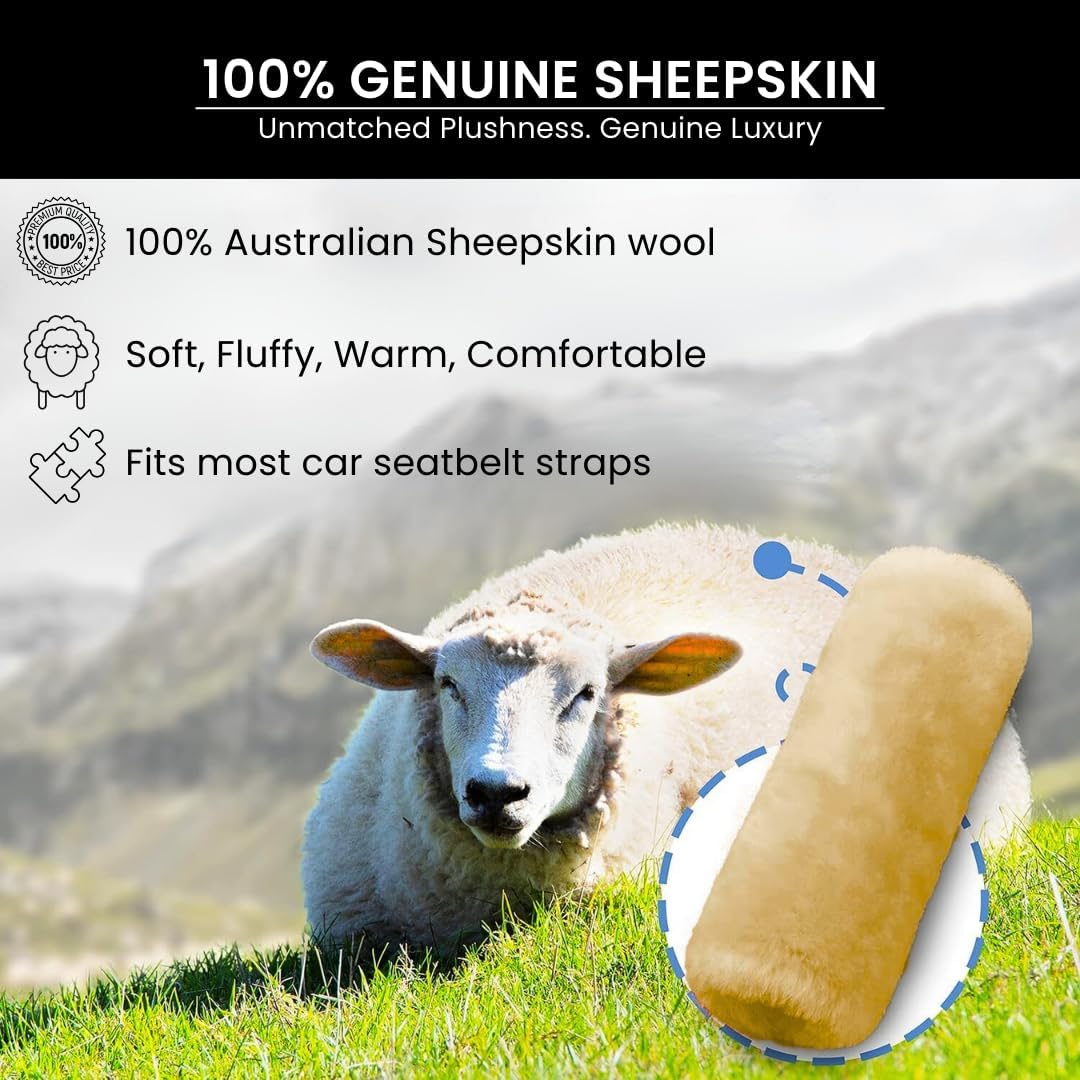 Andalus Brands 2 Pack Genuine Merino Wool Sheepskin Seat Belt Cover – Soft Shoulder Pad, Neck Cushion Protector – Authentic Car Accessories (Pearl)