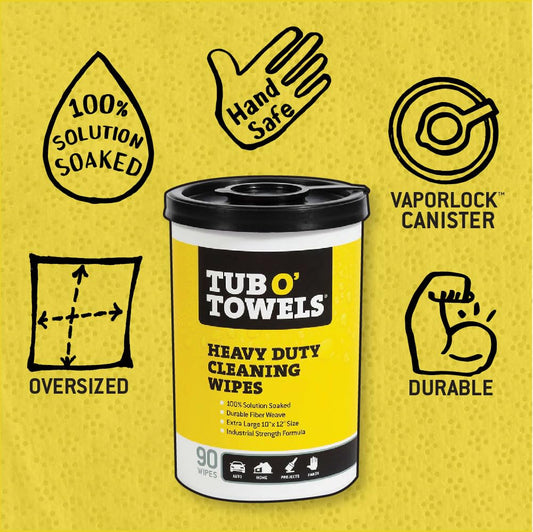 Tub O' Towels Heavy-Duty Multi-Surface Cleaning Wipes – Extra-Large 10" x 12", 90-Count Canister – Removes Grease, Tar, Ink & Tough Stains – Safe for Home, Auto, Garage & More