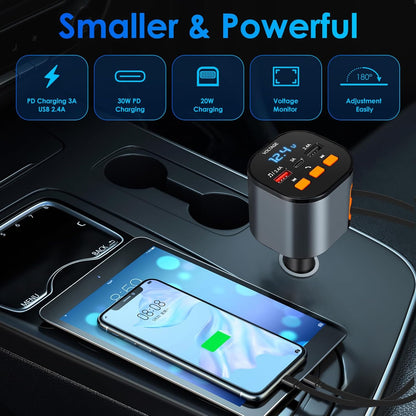 Retractable Car Charger,5 in 1 Fast Cars Phone Charger 90W,Bluetooth 5.3 FM Transmitter Adapter,Handsfree Call,2 Retractable Cables and USB Chargers for iPhone17/16 15/14/13