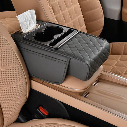 Car Armrest Cushion,5-in-1 Center Console Cover with 2 Storage Bags Cup Holder, Tissue Box Slot, Phone Slot for Sedans, Car Accessories Interior Organizers (Black)