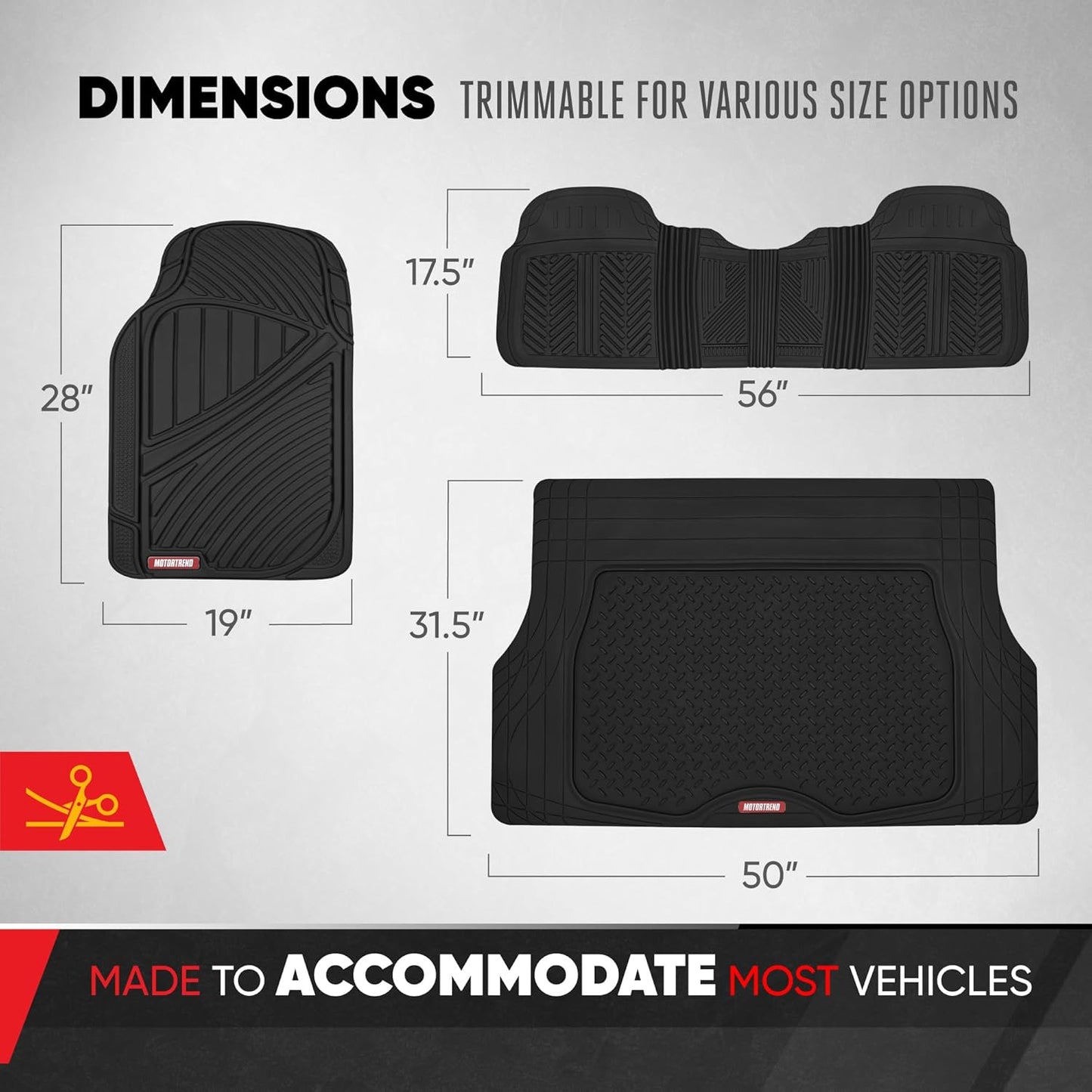 Motor Trend FlexTough Performance All Weather Rubber Car Mats with Cargo Liner - Full Set Front & Rear Floor Mats for Cars Truck SUV, Automotive Floor Mats (Black)