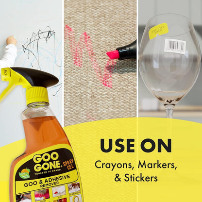 Goo Gone Spray Adhesive Remover Gel 12 Oz with Scraper, Removes Glue, Stickers, Tape Residue, Grease, Gum & Wax, Adhesive Spray with Citrus Cleaning Power for Hard Surfaces, Carpets & Fabrics