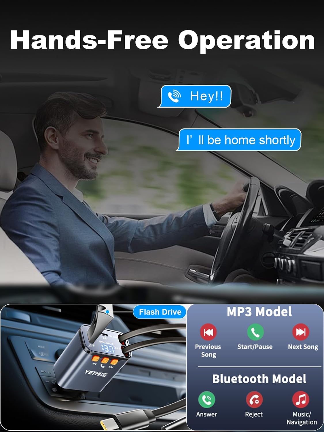 Bluetooth Car Adapter with Retractable Charger, FM Transmitter Bluetooth 5.4 for Cars, 4 in 1 Fast Car Phone Charger 69W, Handsfree Call, 2*Retractable Cable for iPhone 17/16/15/14, Galaxy-Black