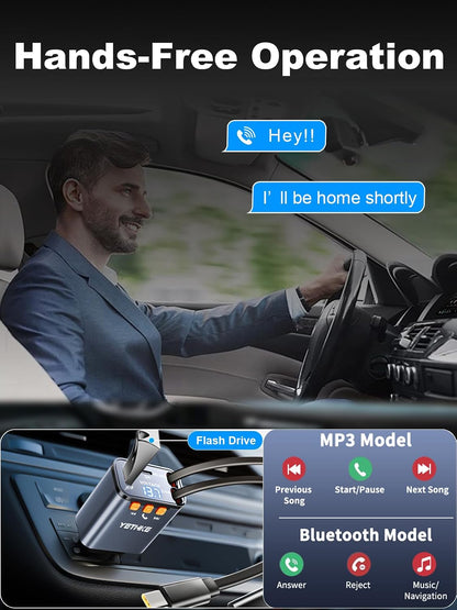 Bluetooth Car Adapter with Retractable Charger, FM Transmitter Bluetooth 5.4 for Cars, 4 in 1 Fast Car Phone Charger 69W, Handsfree Call, 2*Retractable Cable for iPhone 17/16/15/14, Galaxy-Black