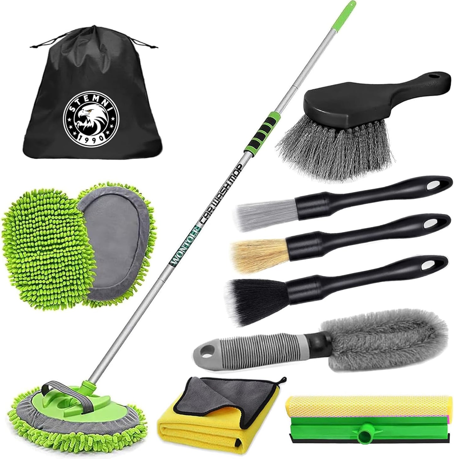 14Pcs Car Wash Kit, 62'' Car Wash Brush with Long Handle, Microfiber Scratch-Free Carwash Brush Mop Mitt Kit Car Car Washing Supplies Cleaning Kit for Cars RV SUV Truck Boat Green