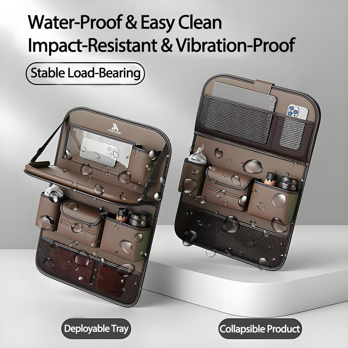 Universal Foldable Car Backseat Organizer with Table Tray, Car Seat Back Protector with Touch Screen Phone Holder, Premium Leather Kick Mats with Storage Pockets Tissue Holder (Brown)