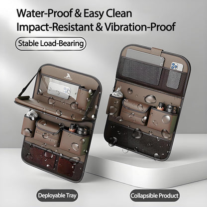 Universal Foldable Car Backseat Organizer with Table Tray, Car Seat Back Protector with Touch Screen Phone Holder, Premium Leather Kick Mats with Storage Pockets Tissue Holder (Brown)