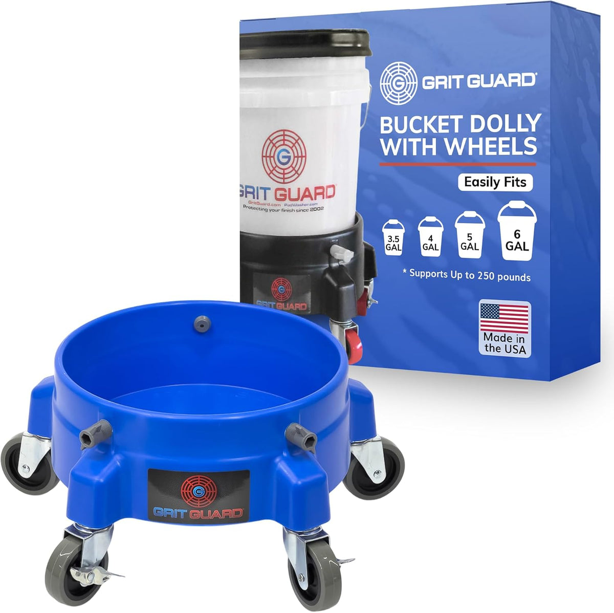 GRIT GUARD Bucket Dolly with Wheels - Rolling Detailing Wash Bucket with 5 Wheels and 2 Locking Casters Compatible with 2.5, 4, 5 and 6 Gallon Buckets (Black, 2" Red Casters) - Made in the USA