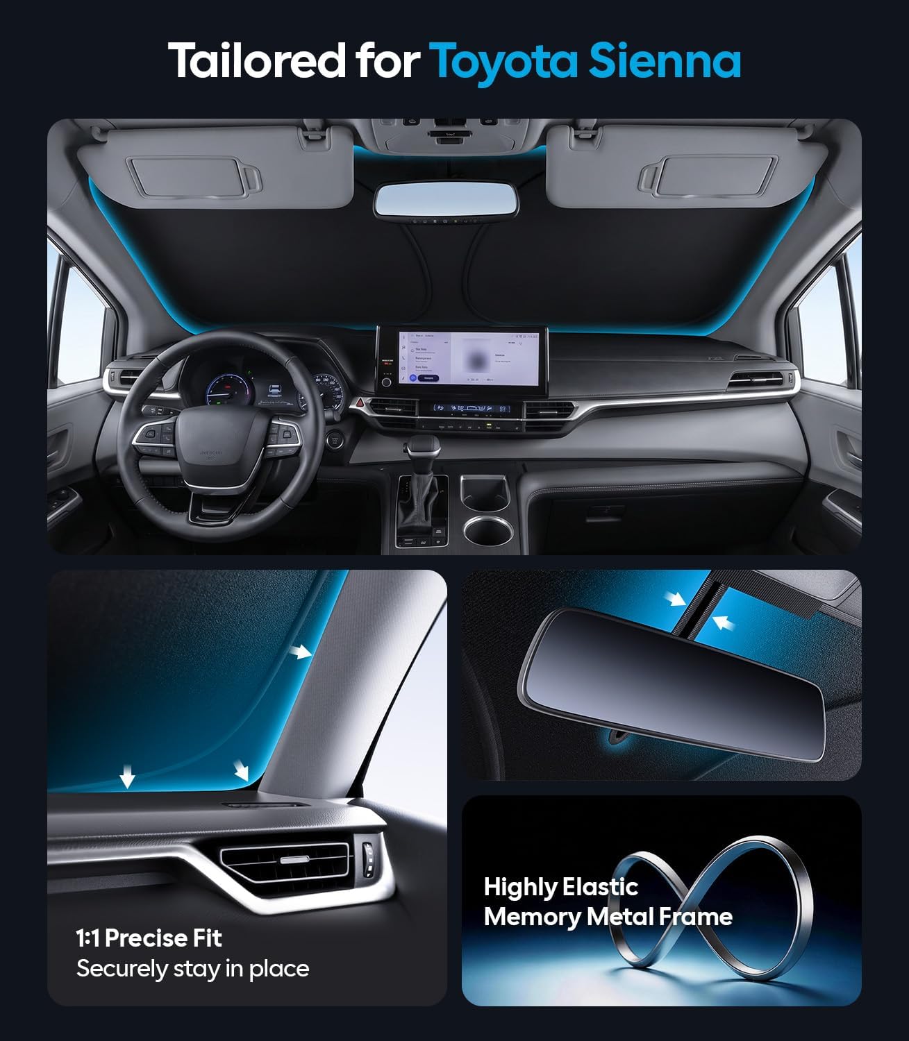 Wigoo Tesla New Model Y Accessories Windshield Sunshade [OEM Design, 100% Sun Blockage] Foldable Heat Insulation Sunshade with Storage Bag, for Model Y 2020~2026 (Juniper), Silver Coating - Colors B