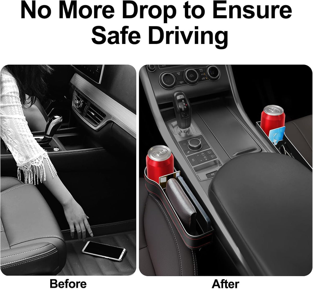 Car Seat Gap Filler, 2 Pack Car Seat Gap Filler Organizer with Cup Holders & 2 Seat Hooks, Car Console Storage Organizer, Car Organizer Front Seat for Storing Phones, Keys, Drinks, Sunglasses
