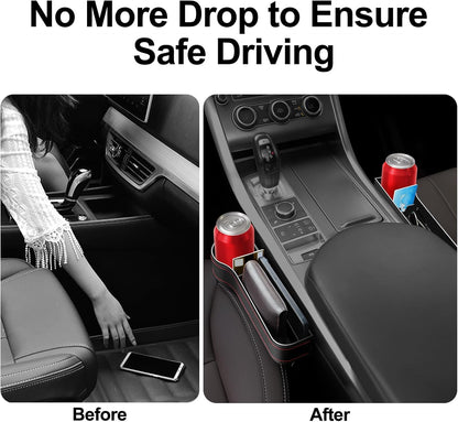 Car Seat Gap Filler, 2 Pack Car Seat Gap Filler Organizer with Cup Holders & 2 Seat Hooks, Car Console Storage Organizer, Car Organizer Front Seat for Storing Phones, Keys, Drinks, Sunglasses