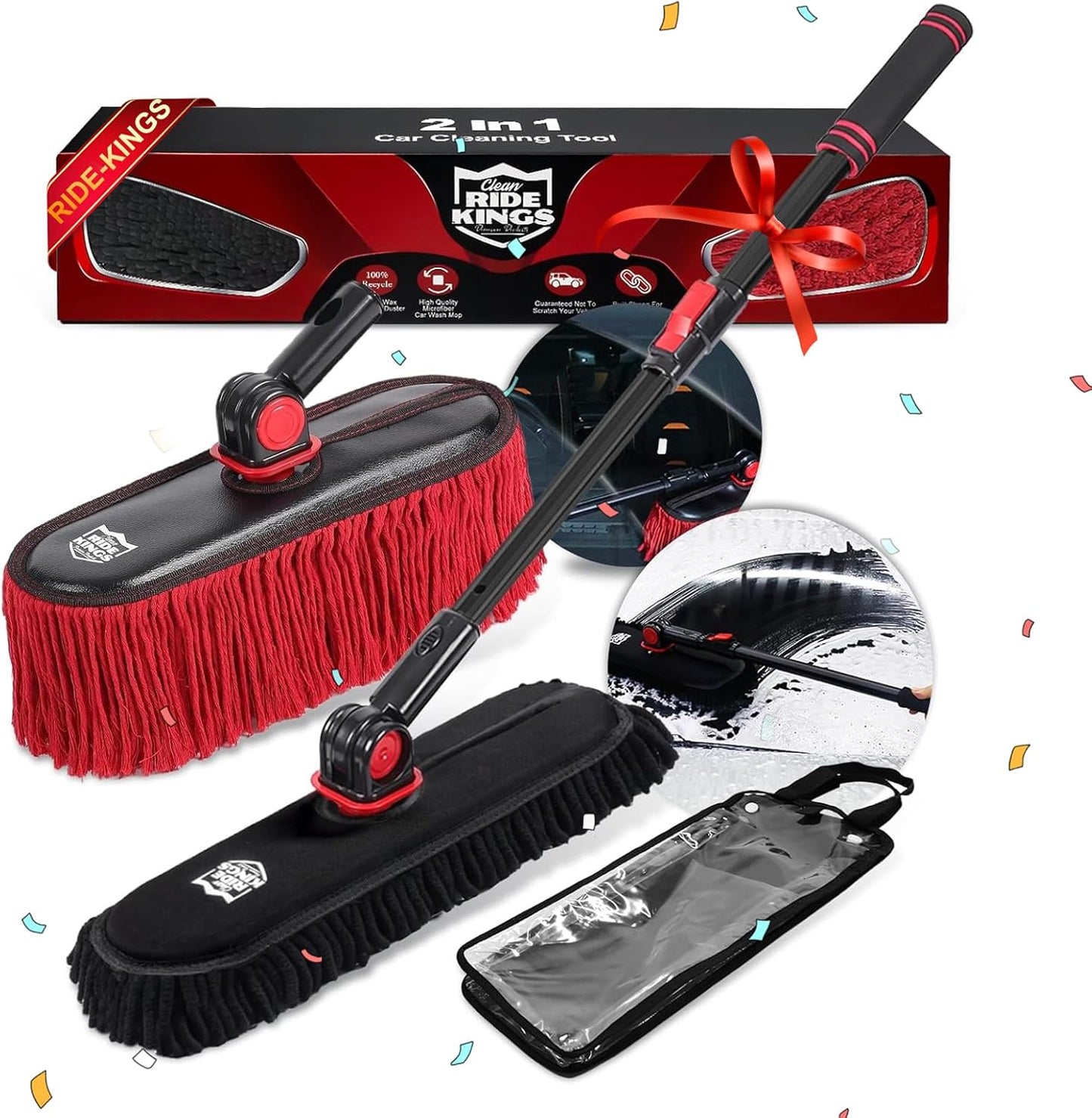 Car Duster Exterior with Extendable Handle, Scratch Free Auto Wash Brush Mop, Interior Detailing Kit for Truck RV Boat - Wax Cotton Duster & Interior Brush, Red
