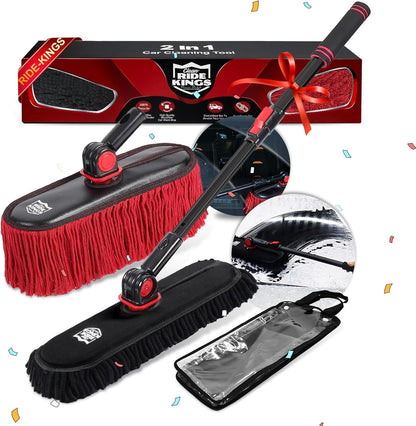 Car Duster Exterior with Extendable Handle, Scratch Free Auto Wash Brush Mop, Interior Detailing Kit for Truck RV Boat - Wax Cotton Duster & Interior Brush, Red