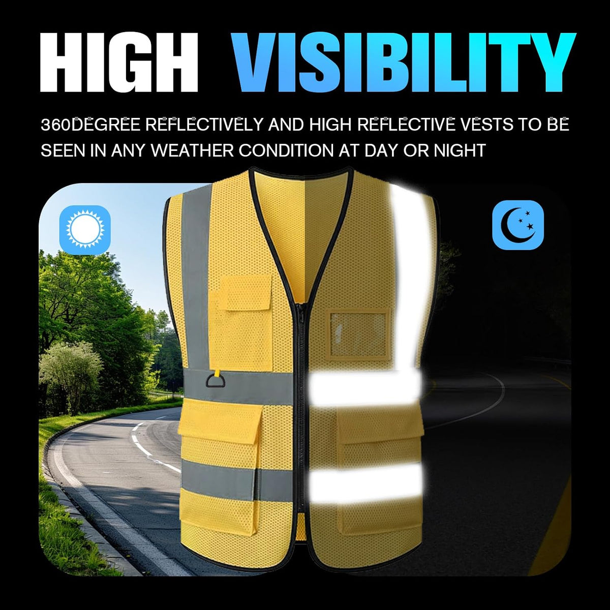 Reflective Mesh Safety Vest, Breathable Hi Vis Vest Construction Work with 5 Pockets and Zipper for Men Women