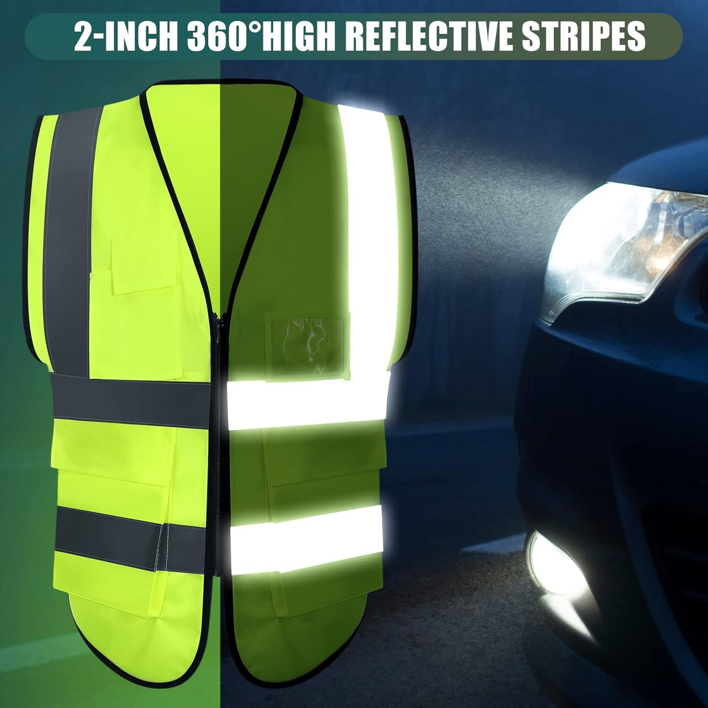 10 Pcs Reflective Safety Vest with Pockets and Zipper High Visibility Vest for Women Men Work, Construction, Cycling