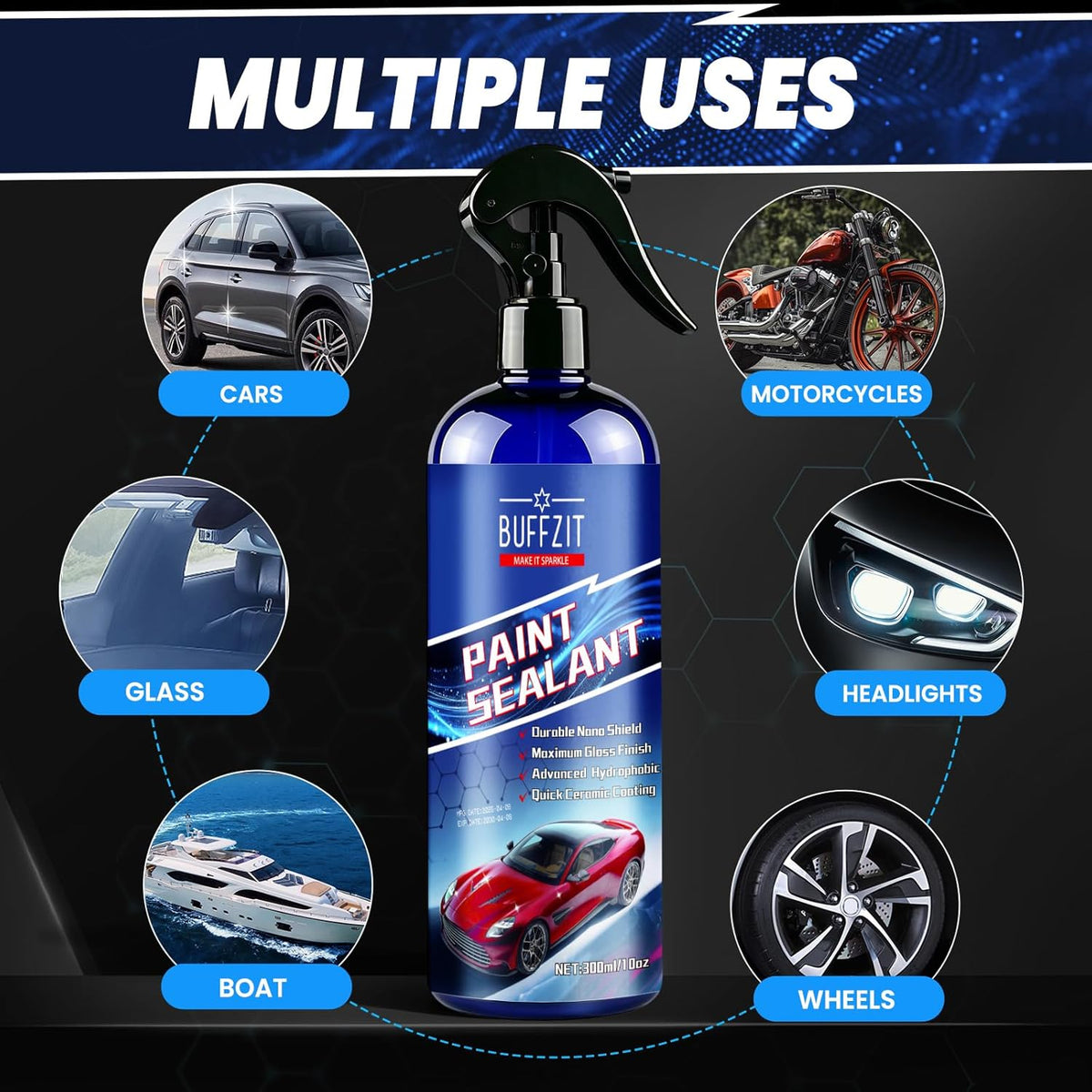 Paint Sealant Spray Quick Effect Coating Agent for High Gloss Shine & Protection All-in-One Waterless Wash Wax Hydrophobic Polish for Cars Motorcycle Trucks & RVs with Microfiber Towel 10oz/300ml