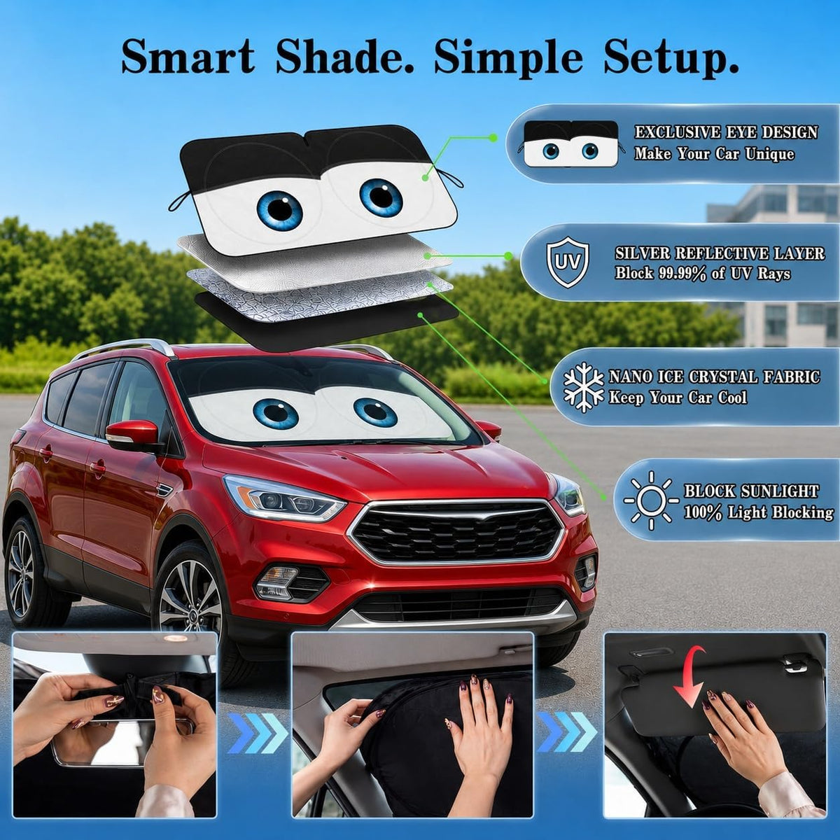 Car Windshield Sun Shade, Funny Cartoon Eyes Sun Visor for Car Windshield Universal Fits Sedan Compact Car Hatchback SUV, UV Heat Protection - 59 x 27.5
