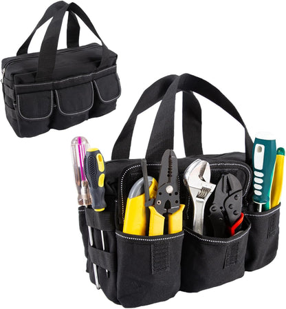Small Tool Bag,Close Top Wide Mouth Tool Organizer Bag,Large Capacity Tool Bags for Men,Canvas Tool Storage Bag for Storage Handbag for Screwdrivers,Wrench,Pliers Hand Tools (black, 12 Inch)