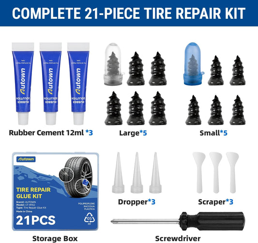 AUTOWN 21PCS Tire Repair Rubber Nail Kit - Complete Screw Plug Kit with Glue, Fast Fix for Flat Tires on Car, Truck, Motorcycle, SUV & More