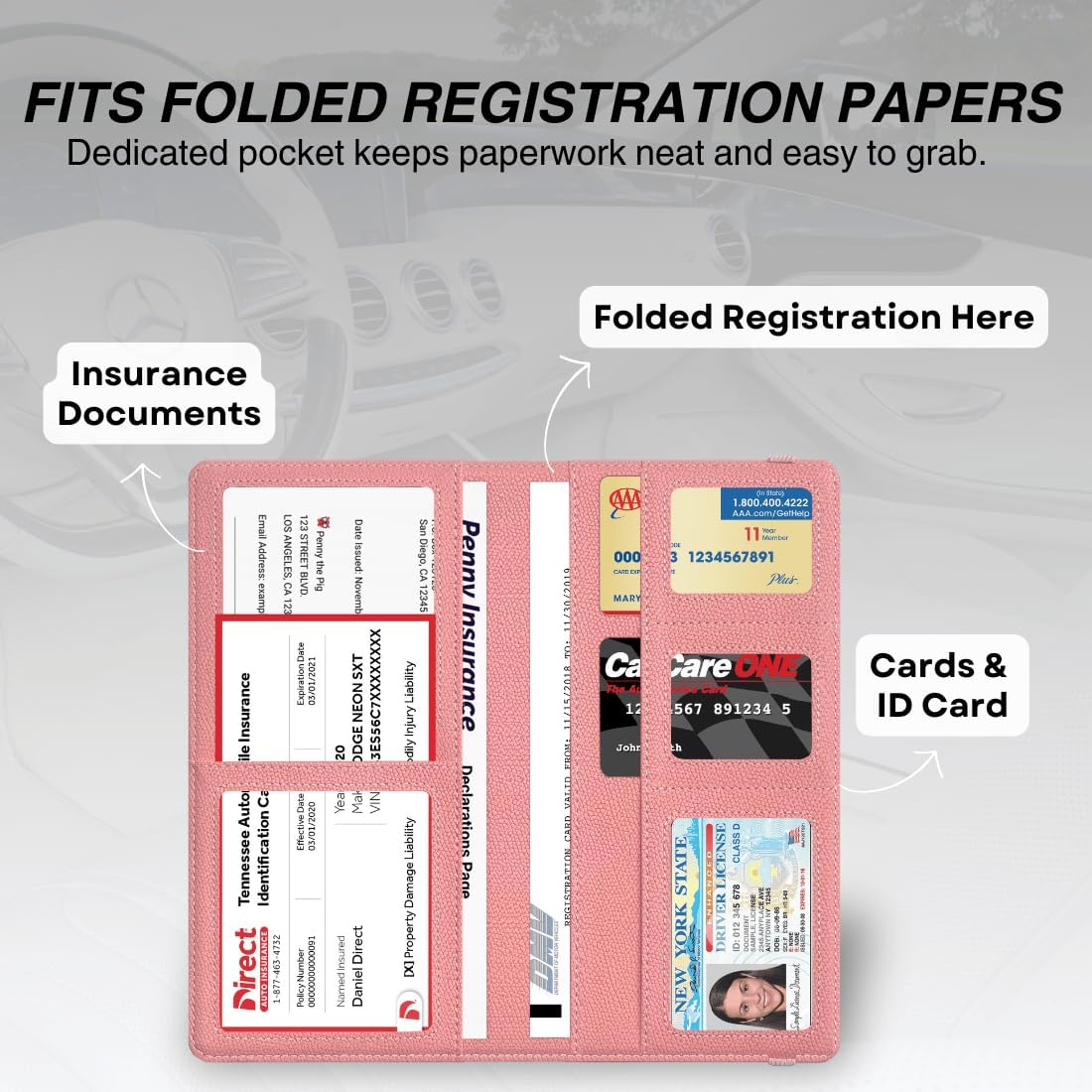 LINTRU Car Insurance and Registration Card Holder, Fits Folded Registration Papers, Double-Stitched Rigid Backing, Secure Elastic Closure, Vehicle Document Organizer, Car Accessories for Men & Women