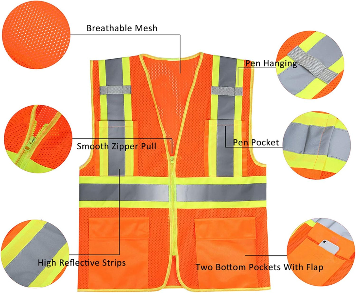 High Visibility Reflective Safety Vest with Zipper and Pockets Orange,M