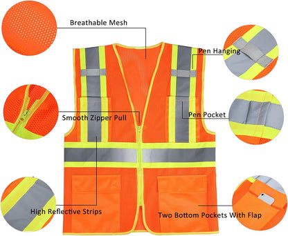 High Visibility Reflective Safety Vest with Zipper and Pockets Orange,M