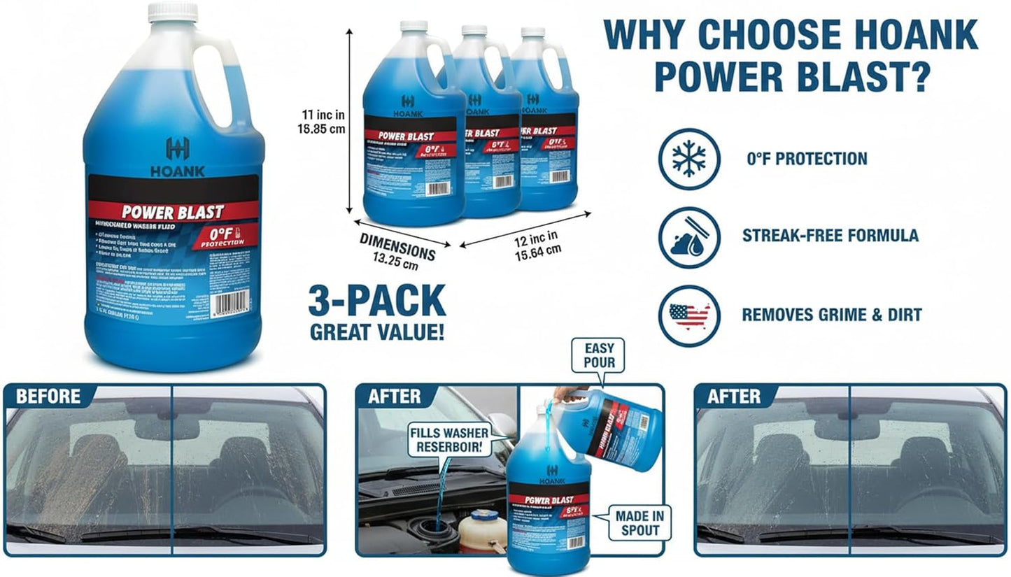 (6 Gallons) - Power Blast Windshield Washer Fluid, -20°F Protection, Blue, 1 Gallon Jug, Ready to Use (6 GALLONS, Blue Power Blast -20°F)