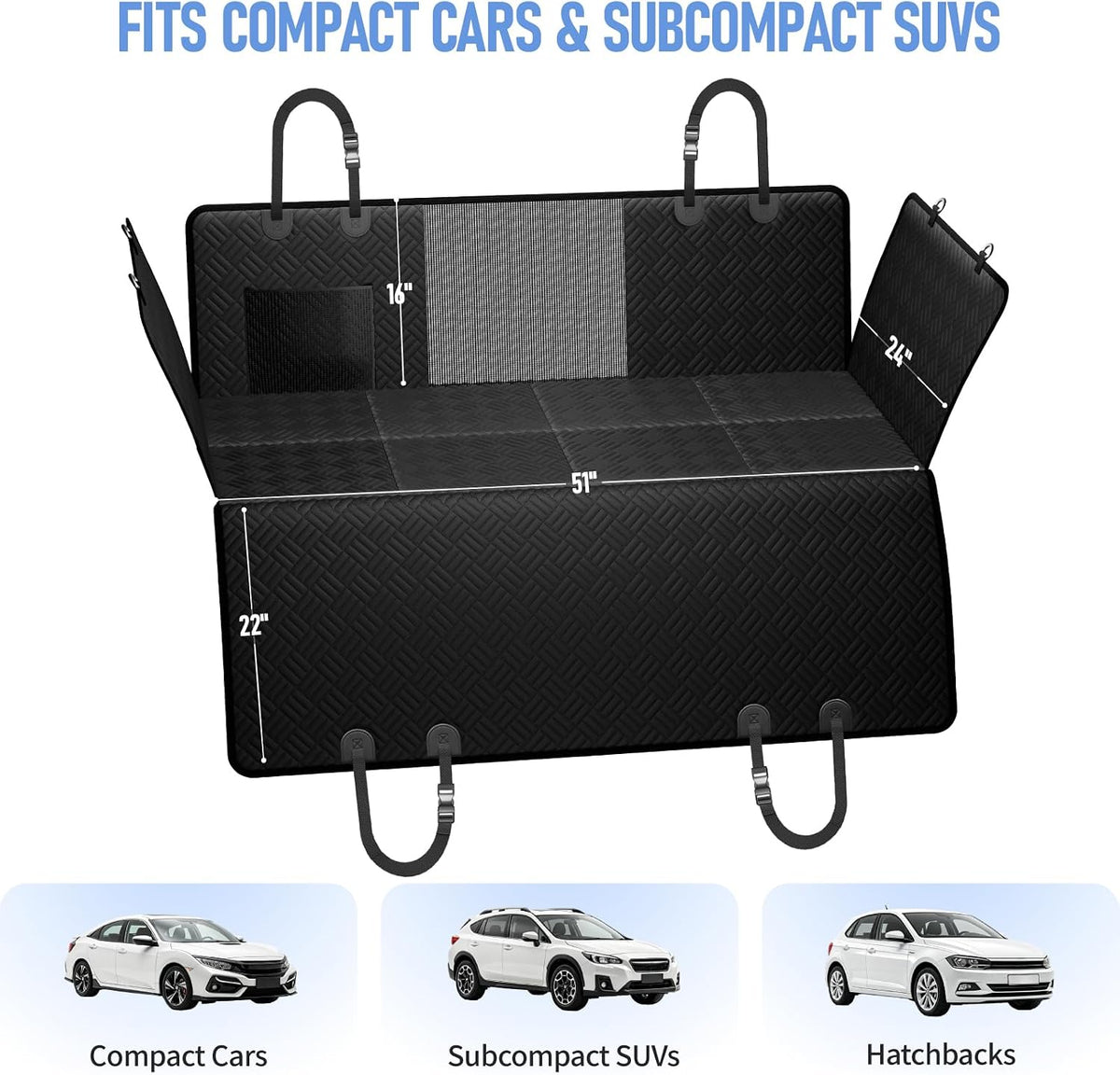 PROZAR Dog Car Seat Cover for Back Seat, Hard Bottom Back Seat Extender, Back Seat Pet Cover for Dogs - Supports 400lbs, Waterproof Heavy Duty Scratch Dog Hammock for Compact Cars/SUVs, 51in