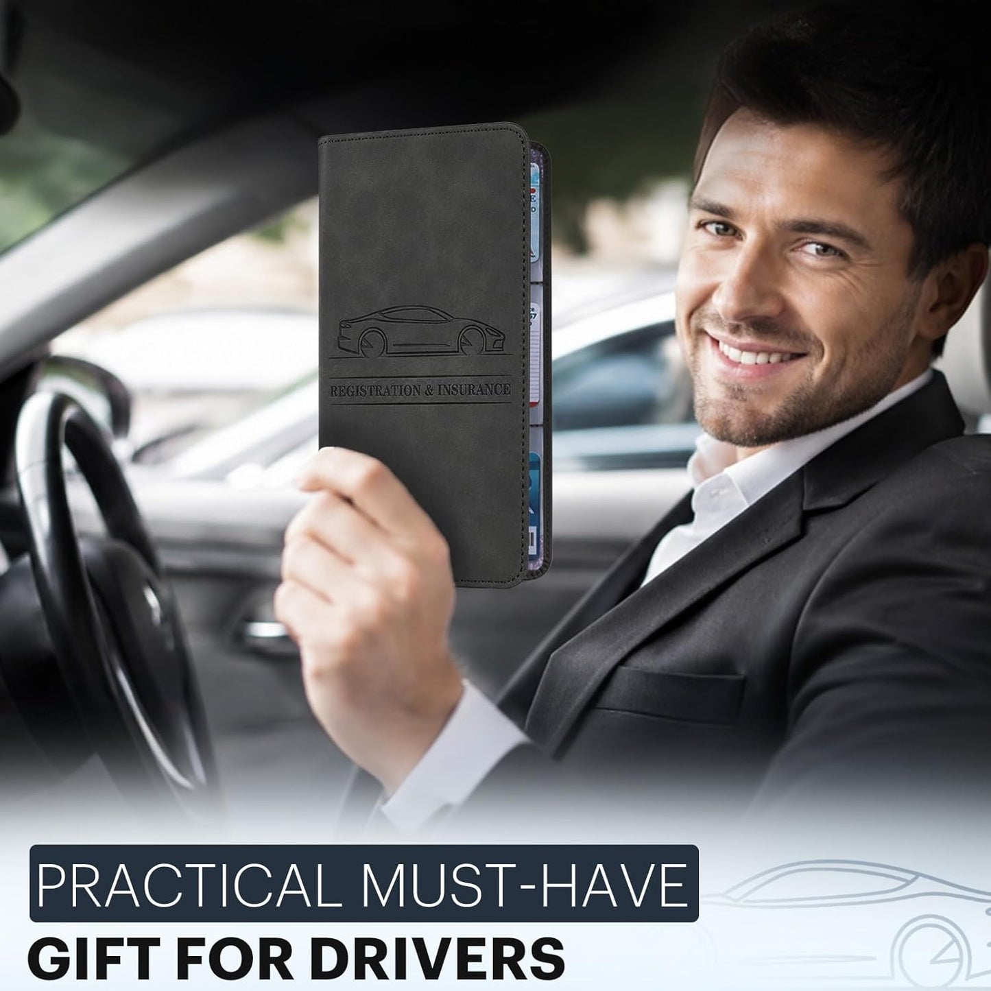 Car Registration and Insurance Card Holder, Magnetic Closure Leather Vehicle Document Organizer, Neat Stitched Glove Box Storage Case, Compact Lightweight Card Holder for Driver License - Black